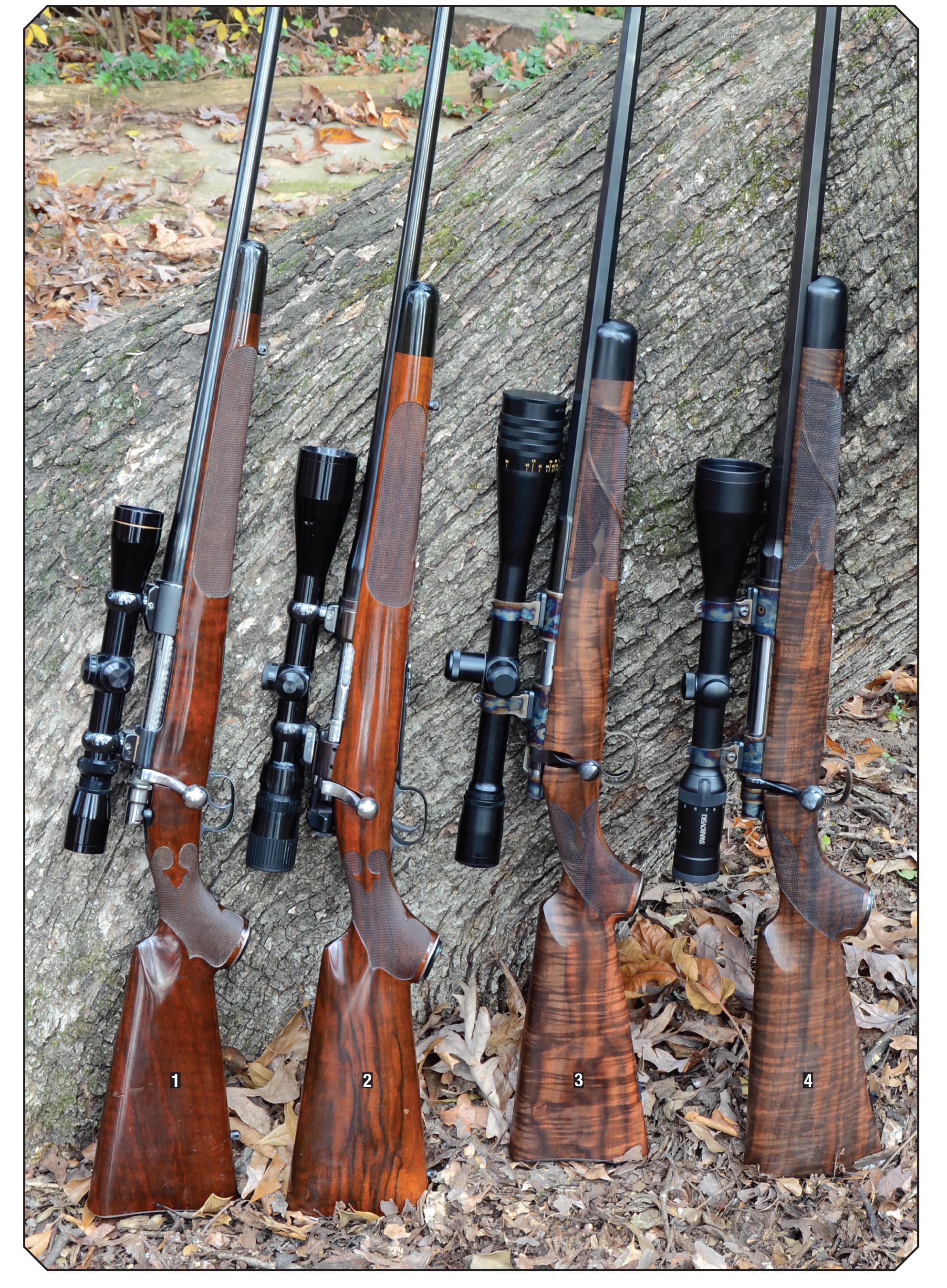 Layne’s rifles include a (1) Talley custom ’98 Mauser .280 Remington (formerly .25-06), (2) Talley custom 1911 Springfield .22 LR, (3) Cooper Model 57M Western Classic .22 LR and a (4) Cooper Model 52 .25-06.